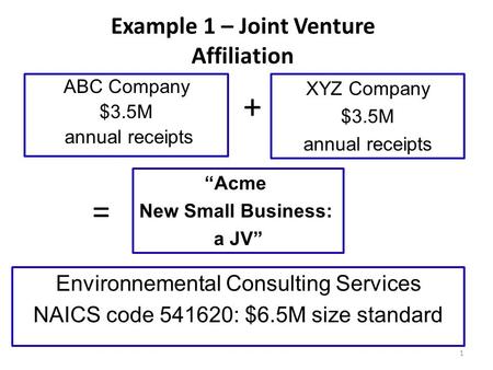 Example 1 – Joint Venture Affiliation ABC Company $3.5M annual receipts XYZ Company $3.5M annual receipts “Acme New Small Business: a JV” Environnemental.