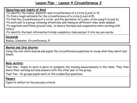 Lesson Plan – Lesson 4 Circumference 2