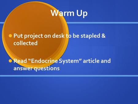 Warm Up Put project on desk to be stapled & collected Read “Endocrine System” article and answer questions.