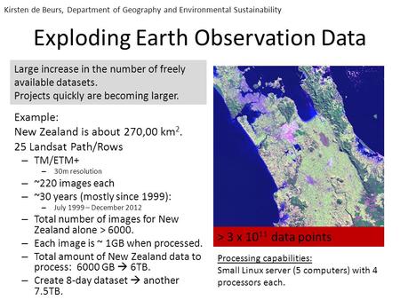 Exploding Earth Observation Data Example: New Zealand is about 270,00 km 2. 25 Landsat Path/Rows – TM/ETM+ – 30m resolution – ~220 images each – ~30 years.