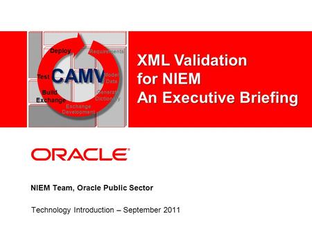 NIEM Team, Oracle Public Sector Technology Introduction – September 2011 CAMV Test Model Data Deploy Requirements Build Exchange Generate Dictionary Exchange.