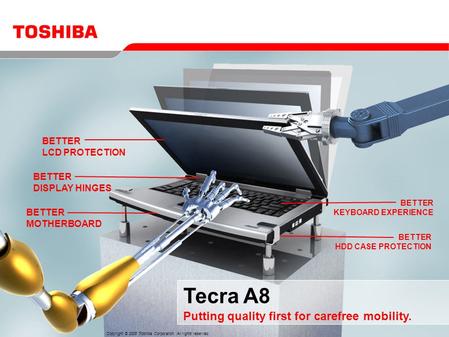 BETTER LCD PROTECTION BETTER DISPLAY HINGES BETTER MOTHERBOARD BETTER KEYBOARD EXPERIENCE BETTER HDD CASE PROTECTION Tecra A8 Putting quality first for.