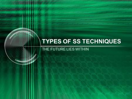 TYPES OF SS TECHNIQUES THE FUTURE LIES WITHIN. INTRODUCTION There are four basic types classified according to the point of insertion of PN code –D–Direct.