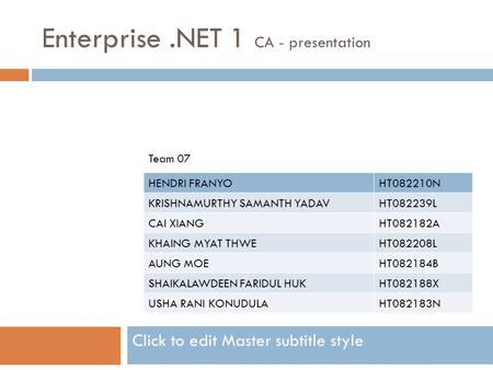 Click to edit Master subtitle style Enterprise.NET 1 CA - presentation HENDRI FRANYOHT082210N KRISHNAMURTHY SAMANTH YADAVHT082239L CAI XIANGHT082182A KHAING.