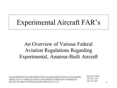 Experimental Aircraft FAR’s