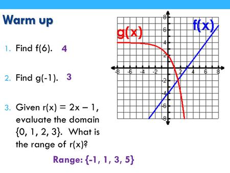 Warm up Find f(6). 4 Find g(-1).