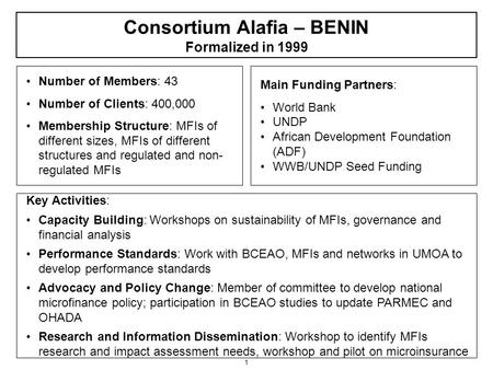 1 Number of Members: 43 Number of Clients: 400,000 Membership Structure: MFIs of different sizes, MFIs of different structures and regulated and non- regulated.