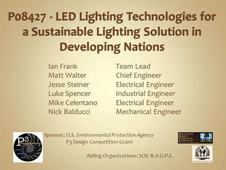 Ian Frank Matt Walter Jesse Steiner Luke Spencer Mike Celentano Nick Balducci Team Lead Chief Engineer Electrical Engineer Industrial Engineer Electrical.