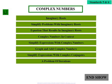 1 Simplify Problems With Imaginary Roots Standards 5 & 6 Equation That Results In Imaginary Roots COMPLEX NUMBERS Complex Numbers In Context END SHOW Imaginary.