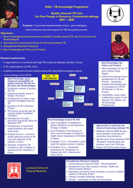 EQUI - TB Knowledge Programme Quality Assured TB Care for Poor People in Resource Constrained settings 2001 – 2006 Purpose: To promote implementation of.