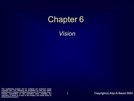 Copyright (c) Allyn & Bacon 20041 Chapter 6 Vision This multimedia product and its contents are protected under copyright law. The following are prohibited.