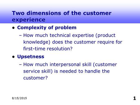 8/15/2015 1 Two dimensions of the customer experience Complexity of problem –How much technical expertise (product knowledge) does the customer require.