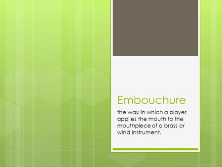 Embouchure the way in which a player applies the mouth to the mouthpiece of a brass or wind instrument.