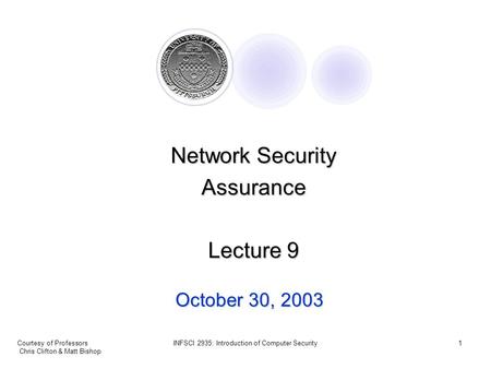 Courtesy of Professors Chris Clifton & Matt Bishop INFSCI 2935: Introduction of Computer Security1 October 30, 2003 Network Security Assurance Lecture.