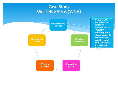  In 2001, CDC published an article in the Journal of Virology showing that a single dose of a DNA vaccine could prevent WNV infection in mice and horses.