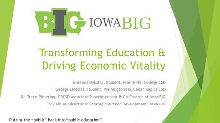 Transforming Education & Driving Economic Vitality Breanna Dykstra, Student, Prairie HS, College CSD George Elossias, Student, Washington HS, Cedar Rapids.