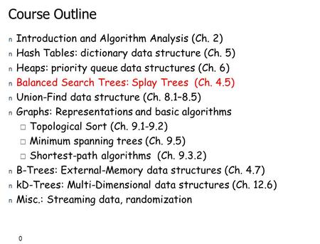 0 Course Outline n Introduction and Algorithm Analysis (Ch. 2) n Hash Tables: dictionary data structure (Ch. 5) n Heaps: priority queue data structures.