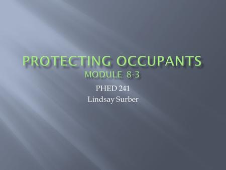 PHED 241 Lindsay Surber.  Occupant Protection  Adult Drivers & Passengers  Children & Youth Passengers  Seat Belt Safety  Air Bag Safety  Head Restraints.