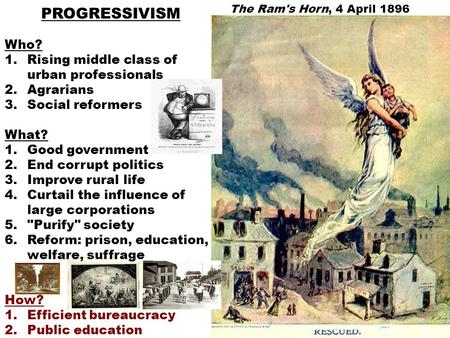 The Ram's Horn, 4 April 1896 PROGRESSIVISM Who? 1.Rising middle class of urban professionals 2.Agrarians 3.Social reformers What? 1.Good government 2.End.