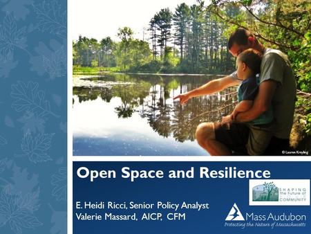 © Lauren Kreyling Open Space and Resilience E. Heidi Ricci, Senior Policy Analyst Valerie Massard, AICP, CFM To access more title slide choices as well.