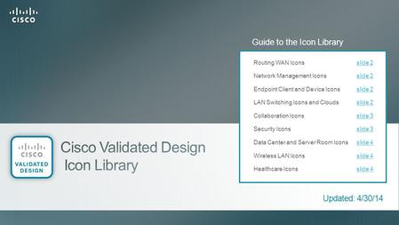 © 2014 Cisco and/or its affiliates. All rights reserved. Updated: 4/30/14 Routing WAN Iconsslide 2slide 2 Network Management Iconsslide 2slide 2 Endpoint.