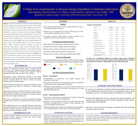 A Study of an Accelerometer to Increase Energy Expenditure in Sedentary Individuals Anne Kapping, Darrel Swanson, A.J. Algiers, Jessica Ransom, and Gary.