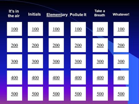 100 200 300 200 400 300 500 400 500 It’s in the air Initials ElementaryPollute It Take a Breath Whatever! 200 300 500 200 300 200 400 500 300.