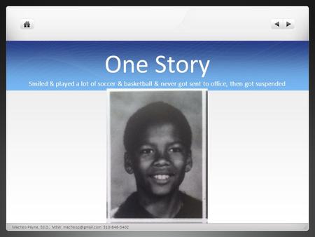 One Story Smiled & played a lot of soccer & basketball & never got sent to office, then got suspended Macheo Payne, Ed.D., MSW. 510-846-5402.