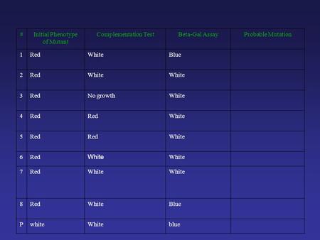 #Initial Phenotype of Mutant Complementation TestBeta-Gal AssayProbable Mutation 1RedWhiteBlue 2RedWhite 3RedNo growthWhite 4Red White 5Red White 6Red.