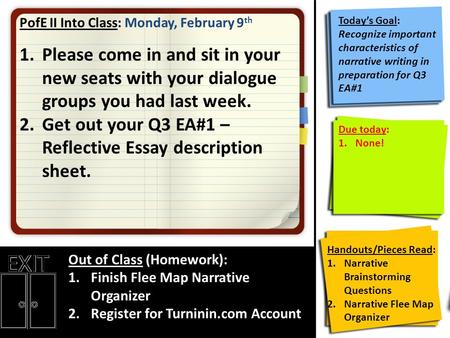 PofE II Into Class: Monday, February 9 th 1.Please come in and sit in your new seats with your dialogue groups you had last week. 2.Get out your Q3 EA#1.