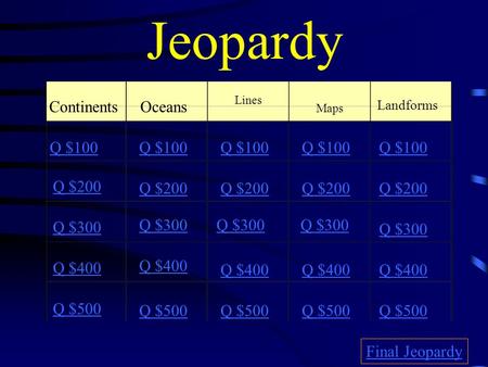 Jeopardy Continents Oceans Q $100 Q $100 Q $100 Q $100 Q $100 Q $200