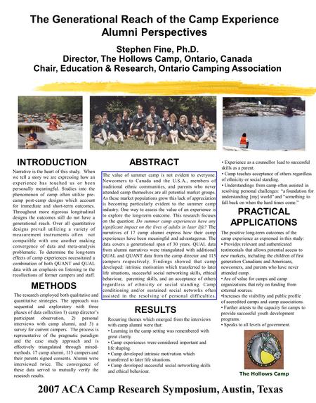 Stephen Fine, Ph.D. Director, The Hollows Camp, Ontario, Canada Chair, Education & Research, Ontario Camping Association INTRODUCTION Narrative is the.