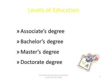 Levels of Education » Associate’s degree » Bachelor’s degree » Master’s degree » Doctorate degree 1.01 Remember elements of healthcare career decision.