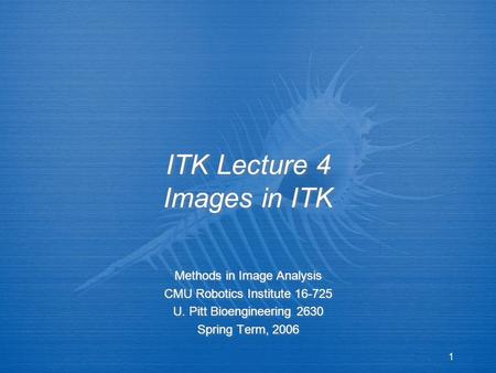 1 ITK Lecture 4 Images in ITK Methods in Image Analysis CMU Robotics Institute 16-725 U. Pitt Bioengineering 2630 Spring Term, 2006 Methods in Image Analysis.