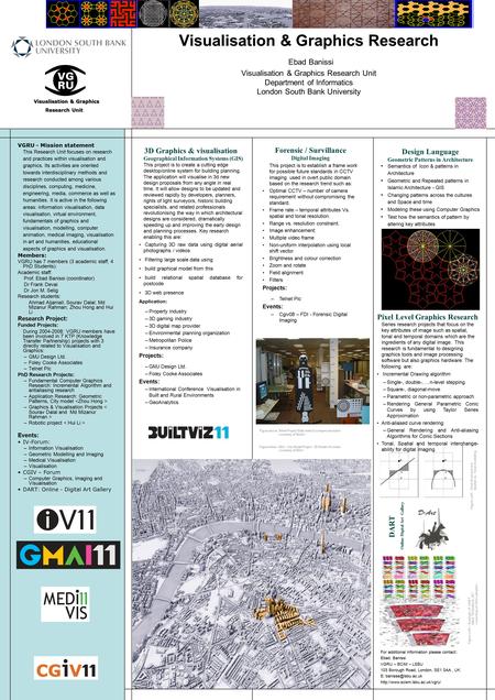 Visualisation & Graphics Research Ebad Banissi Visualisation & Graphics Research Unit Department of Informatics London South Bank University VGRU - Mission.