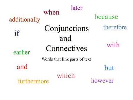 Conjunctions and Connectives Conjunctions and Connectives and but because when which with if Words that link parts of text therefore however furthermore.