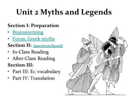 Unit 2 Myths and Legends Section I: Preparation Brainstorming Focus: Greek myths Section II: (questions based) (questions based) In-Class Reading After-Class.