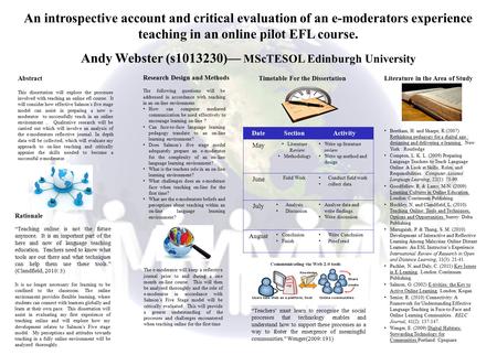 Abstract This dissertation will explore the processes involved with teaching an online efl course. It will consider how effective Salmon’s five stage model.