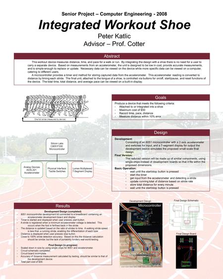 Senior Project – Computer Engineering - 2008 Integrated Workout Shoe Peter Katlic Advisor – Prof. Cotter Development: Consisting of an 8051 microcontroller.