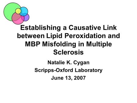 Establishing a Causative Link between Lipid Peroxidation and MBP Misfolding in Multiple Sclerosis Natalie K. Cygan Scripps-Oxford Laboratory June 13, 2007.