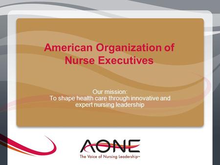 American Organization of Nurse Executives Our mission: To shape health care through innovative and expert nursing leadership 1.