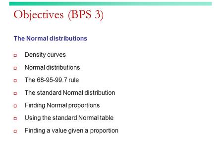 Objectives (BPS 3) The Normal distributions Density curves