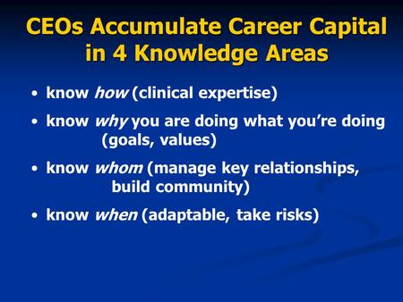 CEOs Accumulate Career Capital in 4 Knowledge Areas know how (clinical expertise) know why you are doing what you’re doing (goals, values) know whom (manage.