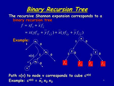 1 Binary Recursion Tree The recursive Shannon expansion corresponds to a binary recursion tree Example: Path  (v) to node v corresponds to cube c  (v)