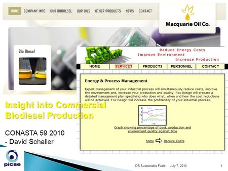 July 7, 2010DS Sustainable Fuels1 Insight into Commercial Biodiesel Production CONASTA 59 2010 - David Schaller.