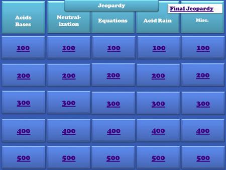 100 400 100 200 300 400 500 300 400 100 200 100 Acids Bases Acids Bases Neutral- ization Equations Acid Rain Misc. Jeopardy Final Jeopardy.