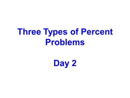 Three Types of Percent Problems Day 2. 60 = 24.40 Examples: Find 40% of 60 20% of 90.20 90 = 18 Write a mathematical sentence Click.