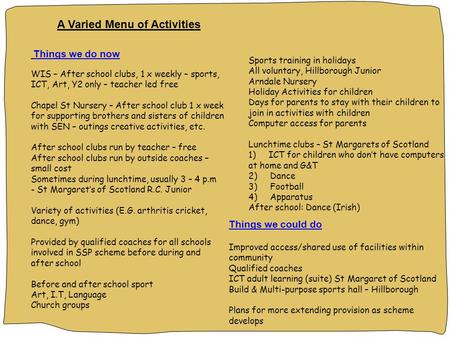 A Varied Menu of Activities Things we do now WIS – After school clubs, 1 x weekly – sports, ICT, Art, Y2 only – teacher led free Chapel St Nursery – After.