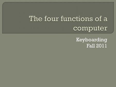 Keyboarding Fall 2011.  Hardware is the parts of the computer that you can actually see and touch, such as…… Monitors Mouse Keyboard Ear phones Scanner.