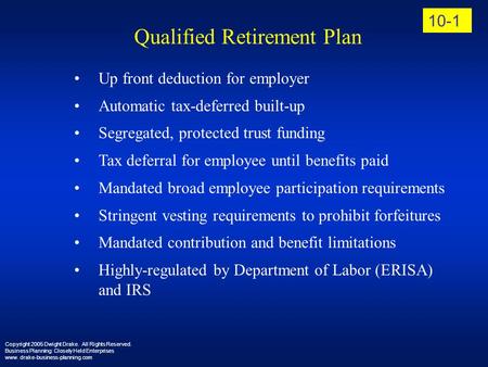 Copyright 2005 Dwight Drake. All Rights Reserved. Business Planning: Closely Held Enterprises www. drake-business-planning.com 10-1 Qualified Retirement.